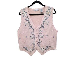 By Design Pink Knit Floral Embroidered Women's Vest Scalloped Hem & Button Front